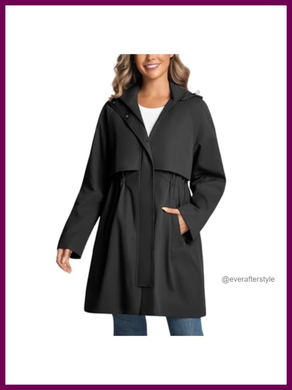 Women's Water Resistant Trench Raincoat Detachable Hood Drawstring Waist